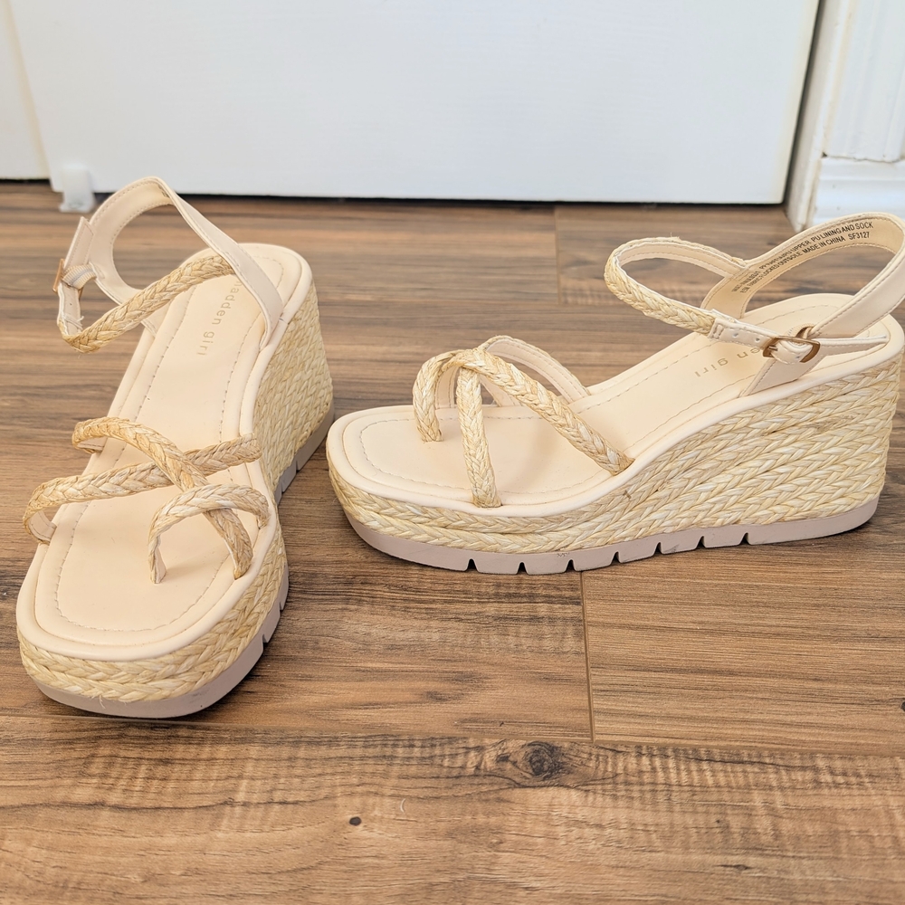 Madden Girl Women's Beige Raffia Wedge Platform Sandals With Ankle Strap 8.5